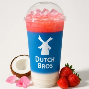 Pink Flamingo Dutch Bros Rebel with strawberry and coconut on a white background.

