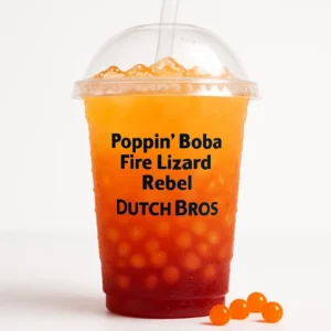Poppin’ Boba Fire Lizard Rebel layered orange and red Dutch Bros energy drink with juicy boba pearls on a pure white background.
