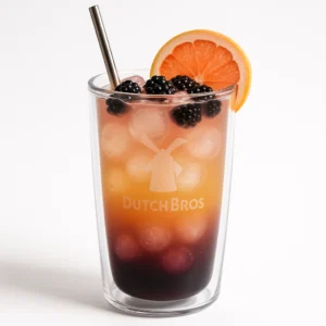 Modern double-walled tumbler of purple, orange, and pink Ray of Sunshine iced drink with blackberry, peach, and grapefruit flavors, fruit garnish, and white background.

