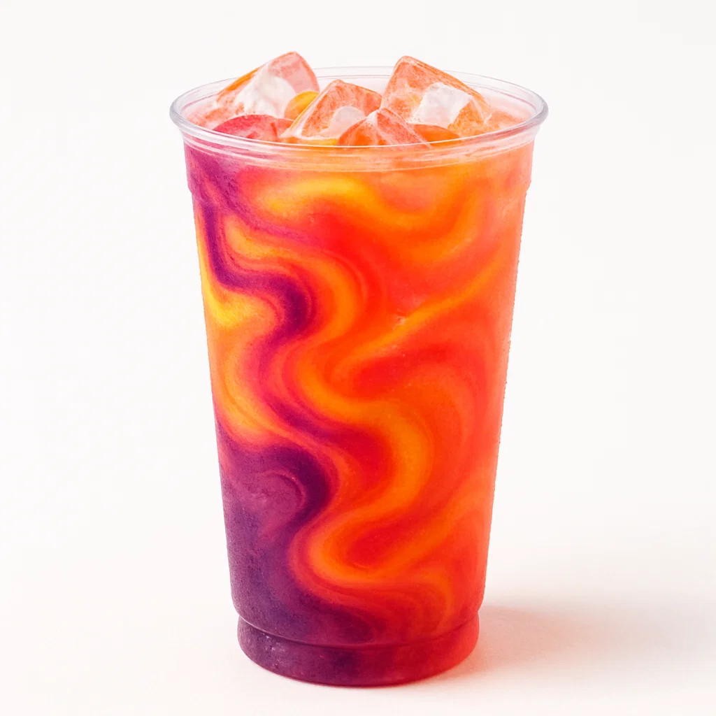 Colorful Ray of Sunshine Rebel drink with blackberry, peach, and grapefruit syrups served over ice.