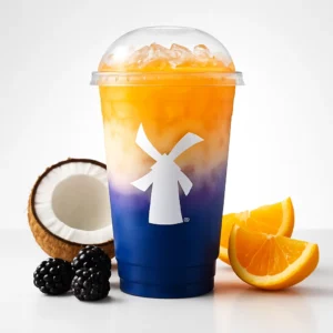 Rocky Point Dutch Bros Rebel with blackberry, coconut, and orange layers on a white background.

