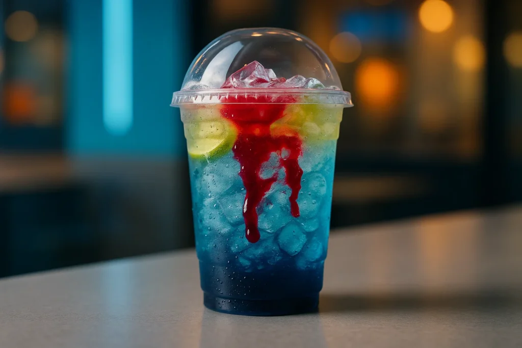 Shark Attack Rebel secret menu drink with blue raspberry layers and pomegranate drizzle in a clear iced cup.