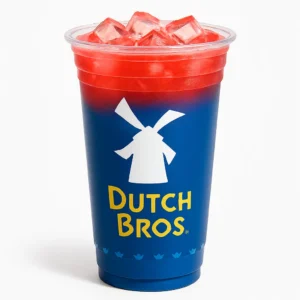 Strawberry Dutch Bros Rebel energy drink in a signature blue Dutch Bros cup on a pure white background.

