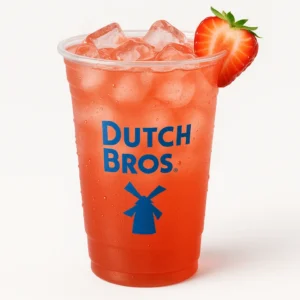 Clear plastic cup of pink strawberry iced tea with ice cubes, fresh strawberry garnish, and Dutch Bros logo on a white background.

