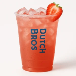 Clear plastic cup of sugar-free strawberry iced tea with ice cubes, strawberry garnish, and Dutch Bros logo on a white background.

