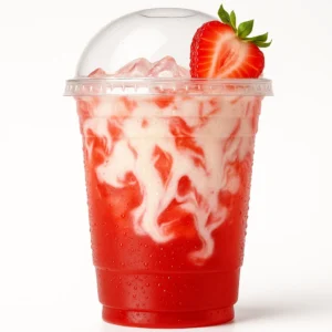 Dutch Bros Trigger Blood Lemonade in a premium plastic cup with dome lid, layered strawberry red and coconut white, on a white background.

