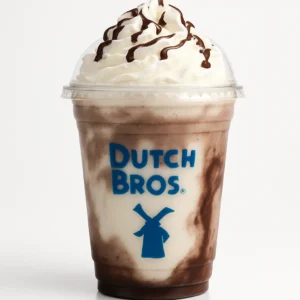 Dutch Bros Tuxedo Shake with white chocolate and dark chocolate on a white background.