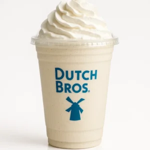 Dutch Bros Vanilla Bean Shake with vanilla and chocolate macadamia nut on a white background.