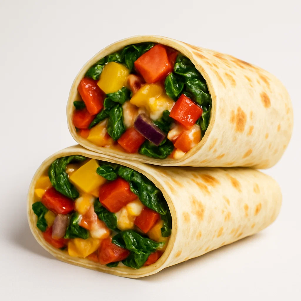 Veggie Burrito with fresh vegetables and melted cheese on a white background – Dutch Bros breakfast menu item.