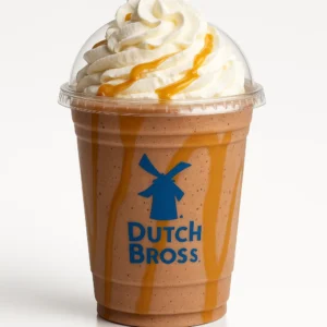 Dutch Bros Wallaby Shake with chocolate macadamia nut, dark chocolate, and caramel on a white background.