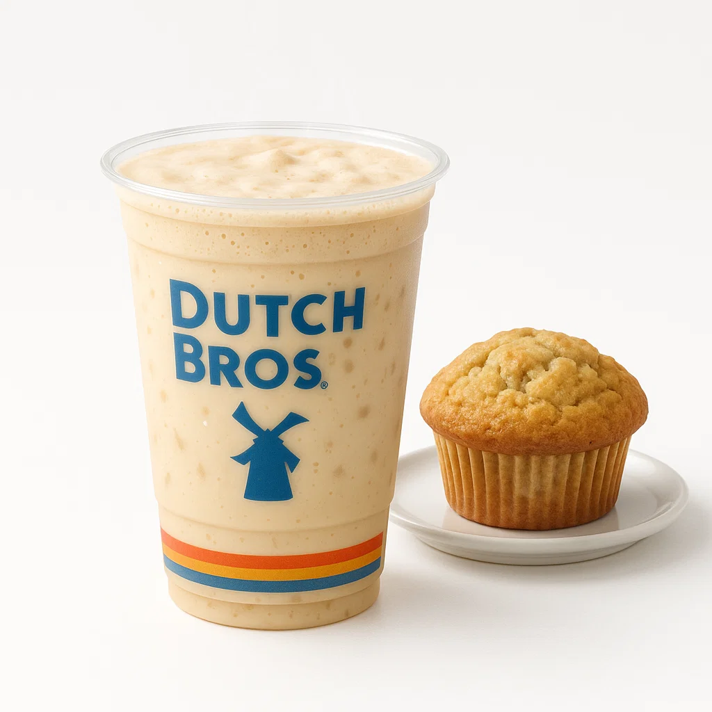 Dutch Bros White Chocolate Chip Breakfast Drink served with a muffin on a clean white background