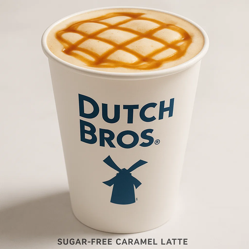 Professional Dutch Bros coffee cup featuring a sugar-free caramel latte with the Dutch Bros logo.