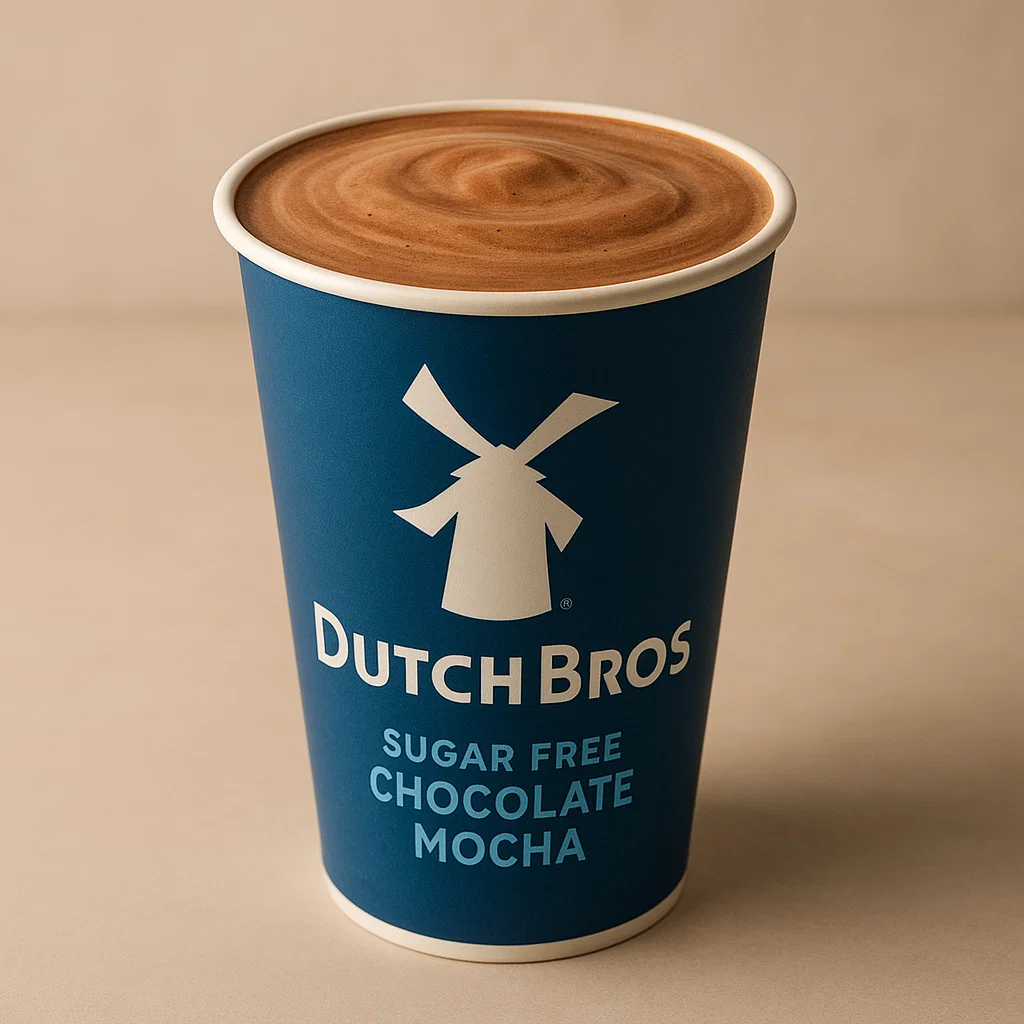 Professional Dutch Bros coffee cup featuring a sugar-free chocolate mocha with the Dutch Bros logo.