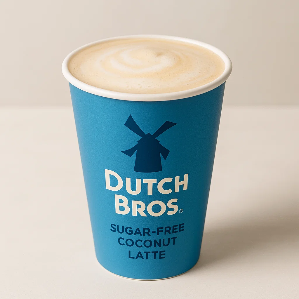 Enjoy a tropical twist with sugar-free coconut syrup in your Dutch Bros drink, served in a sleek cup with the Dutch Bros logo