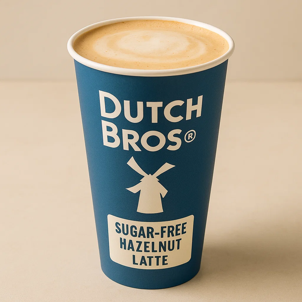 Professional Dutch Bros coffee cup featuring a sugar-free hazelnut latte with the Dutch Bros logo.