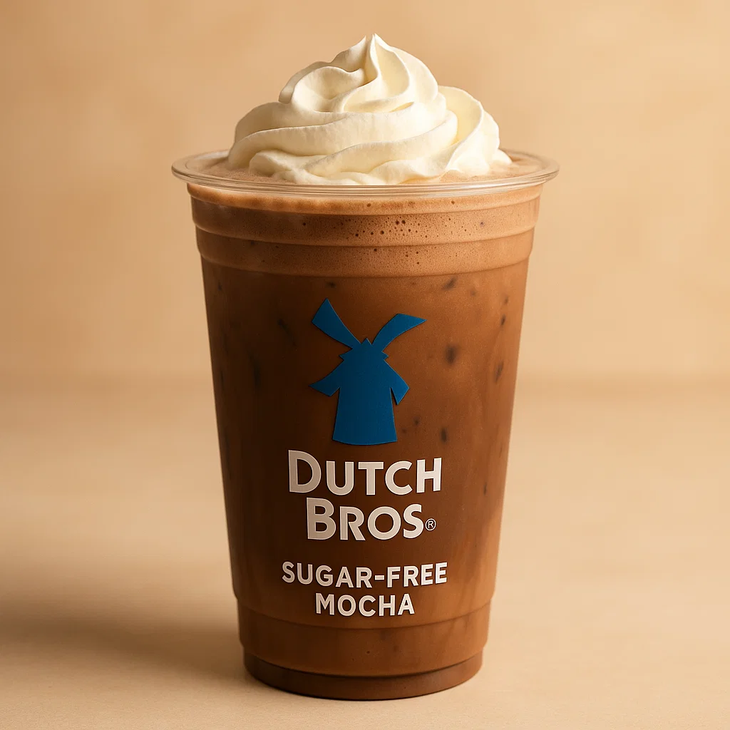 Professional Dutch Bros Sugar-Free Mocha drink with the Dutch Bros logo