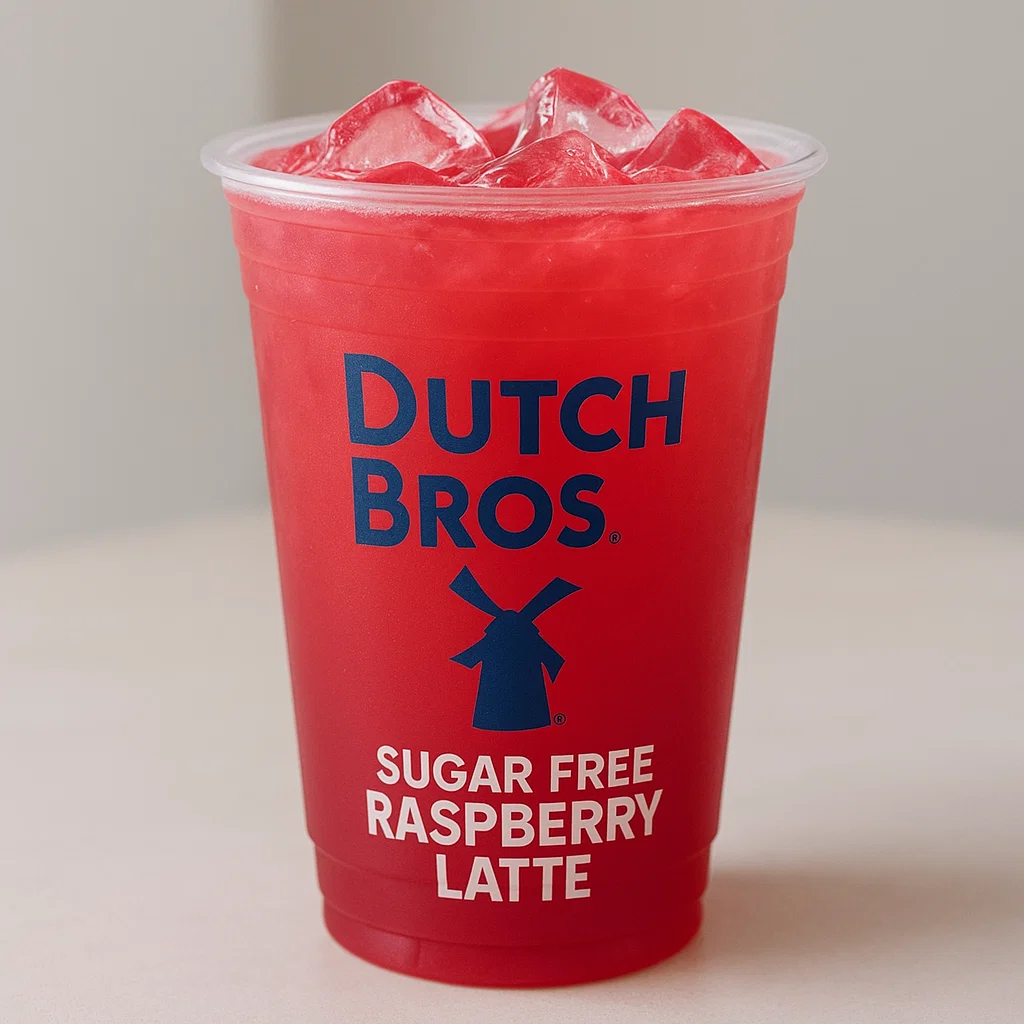 Professional Dutch Bros coffee cup featuring a sugar-free raspberry latte with the Dutch Bros logo.