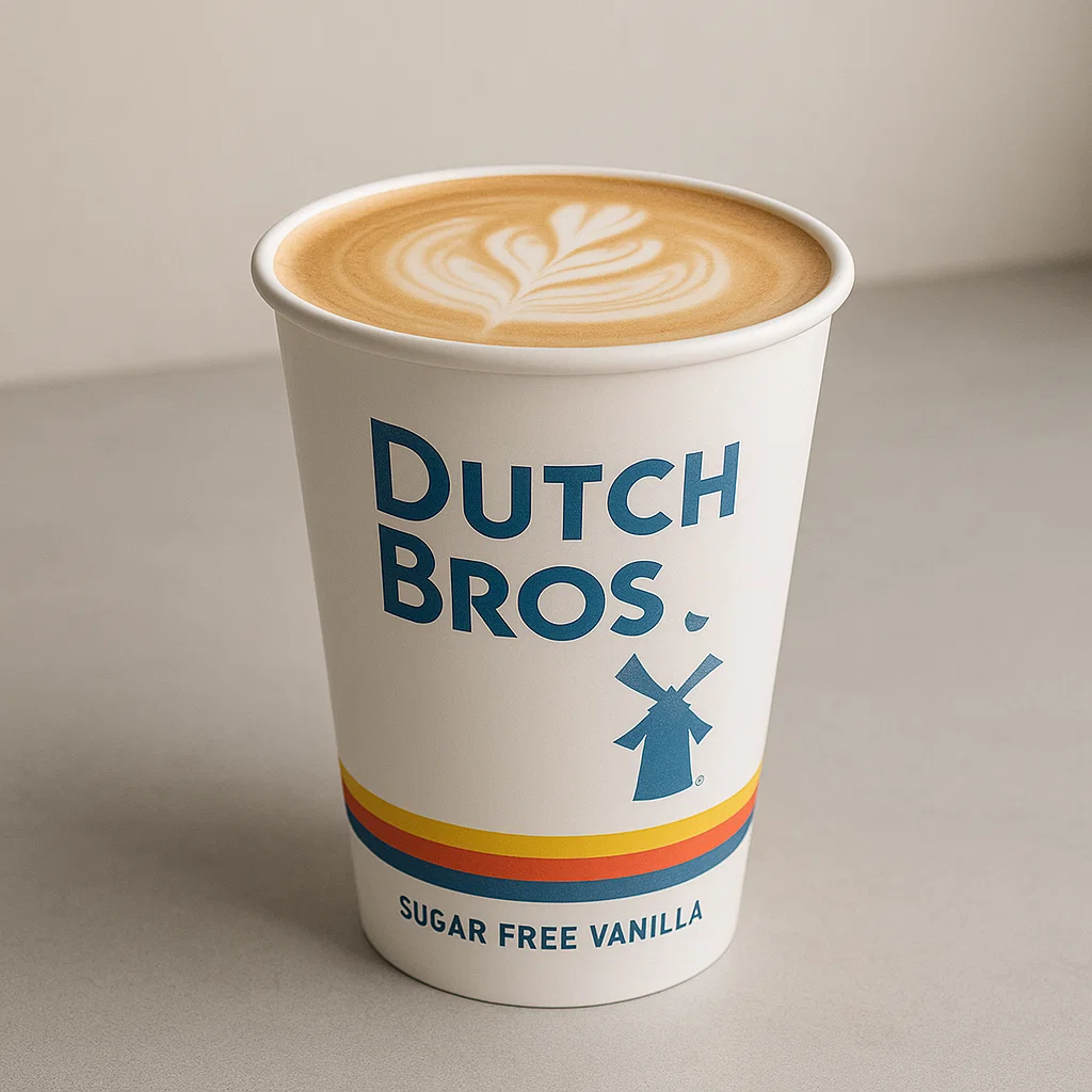 Professional Dutch Bros coffee cup featuring a sugar-free vanilla latte with the Dutch Bros logo.