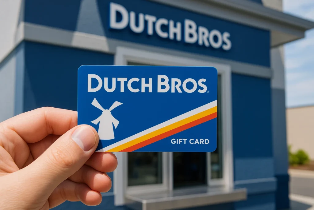 Dutch Bros physical gift card held at a drive-thru window with blue and white branding.