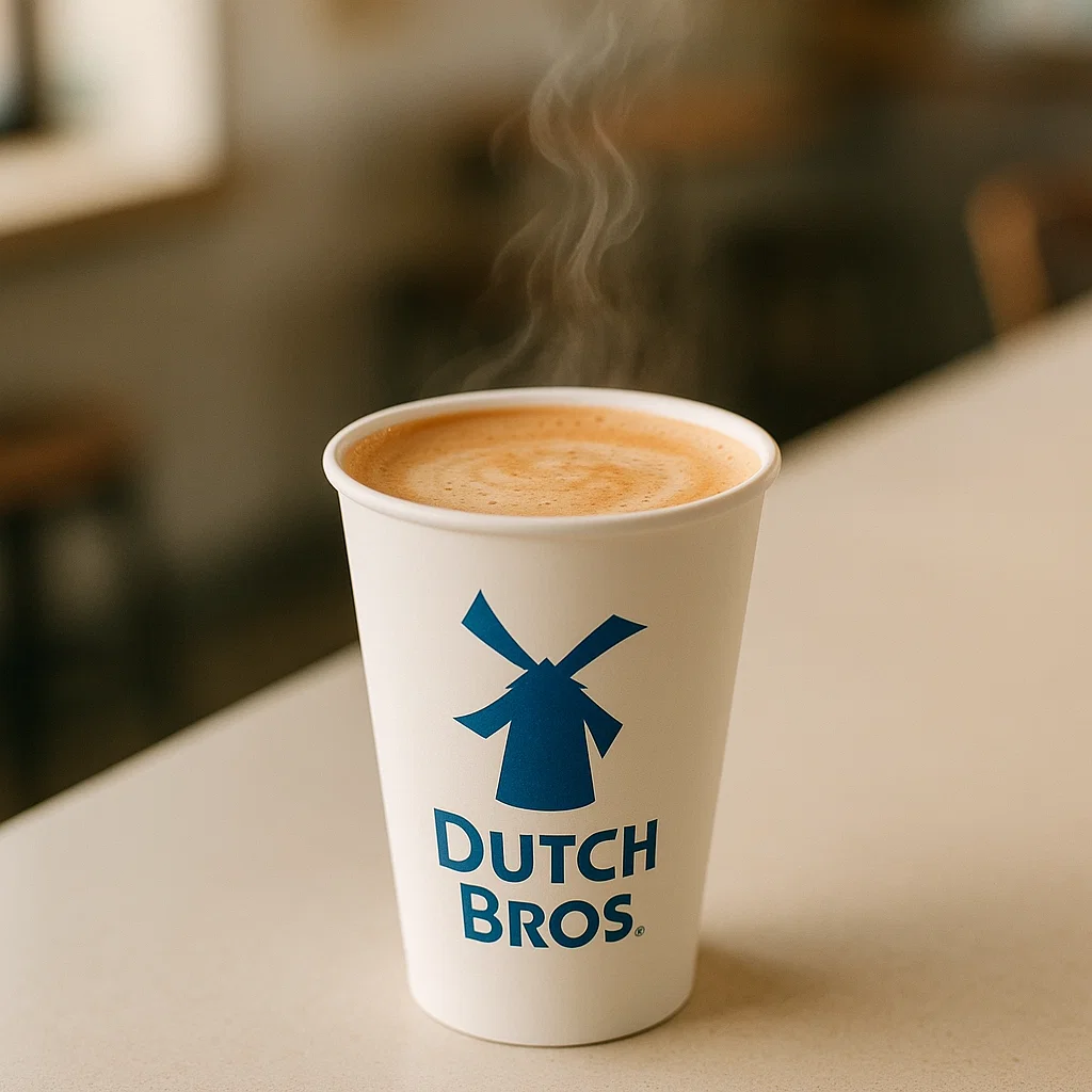 Dutch Bros branded paper cup filled with Chai Latte, showcasing its rich, creamy texture with steam rising in a minimalist café setting."