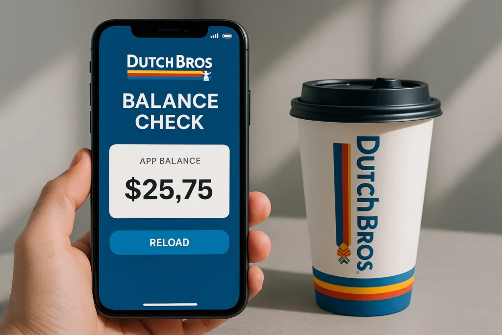 Checking Dutch Bros gift card balance on smartphone app beside a coffee cup.