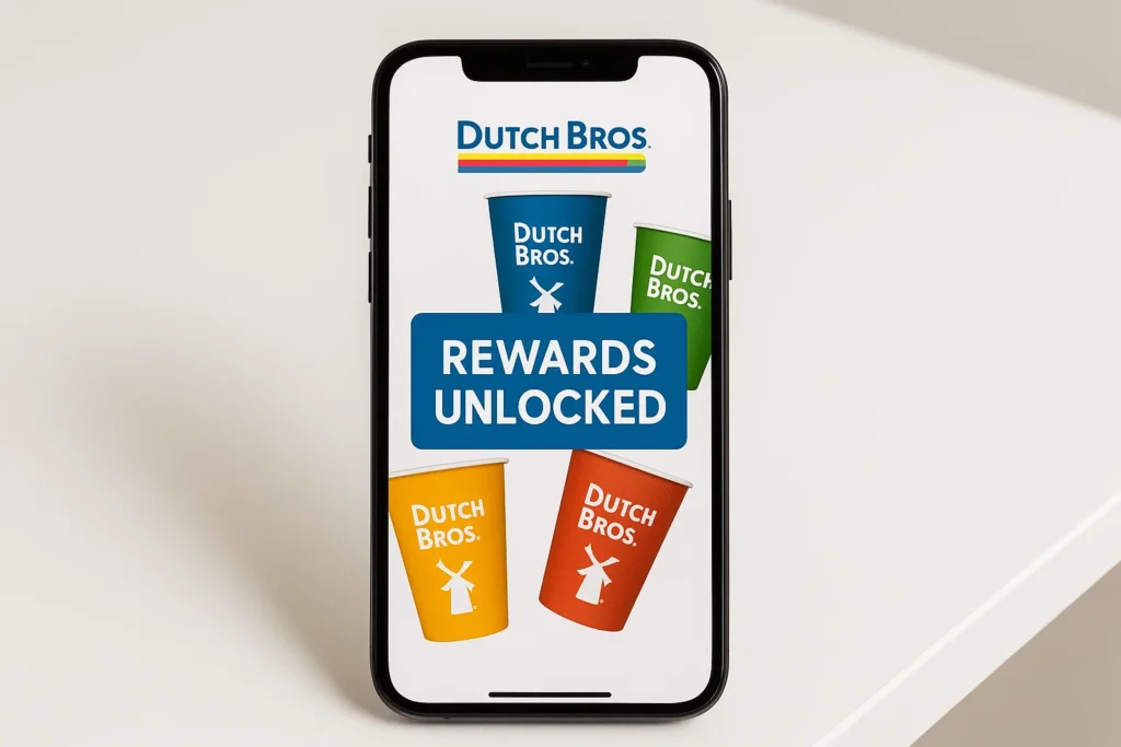Dutch Bros promo code 2025 on mobile app beside colorful coffee cup – best Dutch Bros deals and discounts