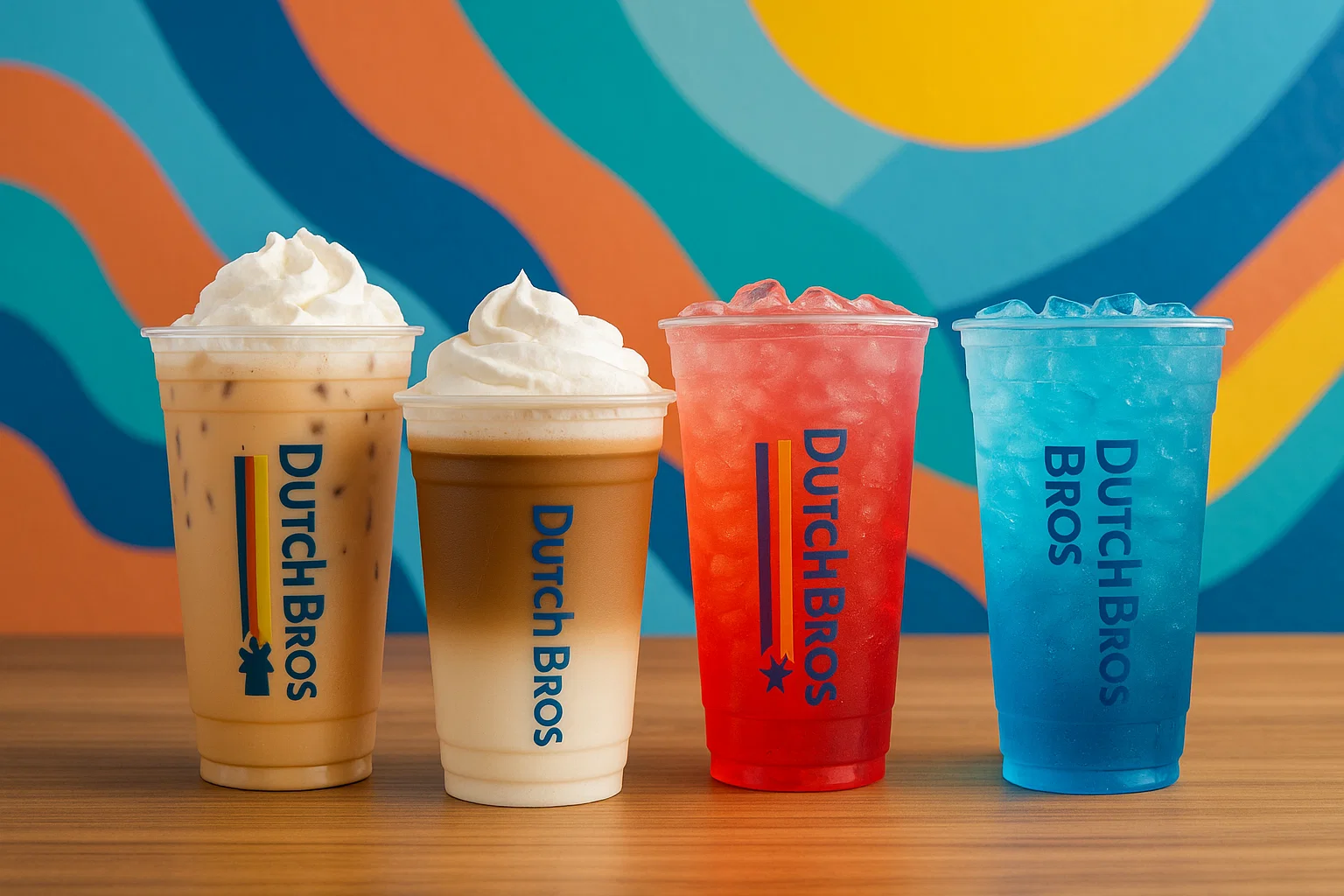 A colorful lineup of popular Dutch Bros drinks in 2025, including iced coffee, blended drinks, and vibrant energy beverages.