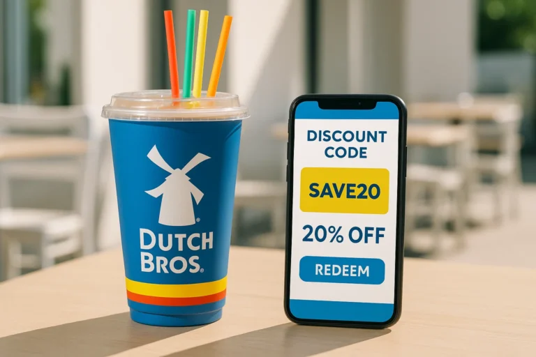 Dutch Bros promo code 2025 on mobile app beside colorful coffee cup best Dutch Bros deals and discounts