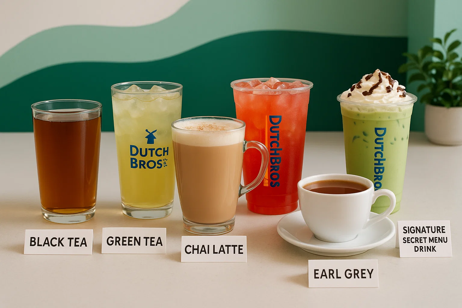 Seven Dutch Bros tea drinks including black, green, chai latte, iced matcha, Earl Grey, and fruity iced tea.