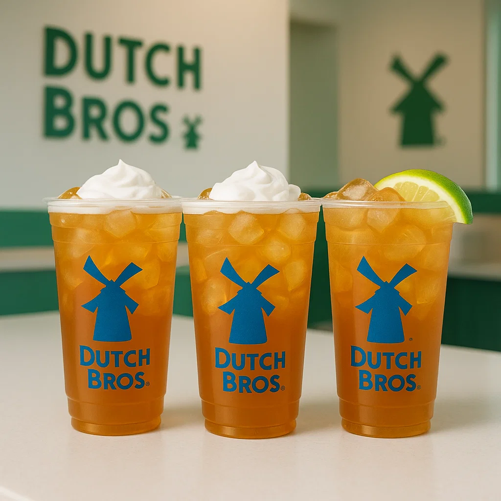 Three iced Dutch Bros tea drinks in branded transparent plastic cups with the blue Dutch Bros logo, served on a clean, modern café backdrop.