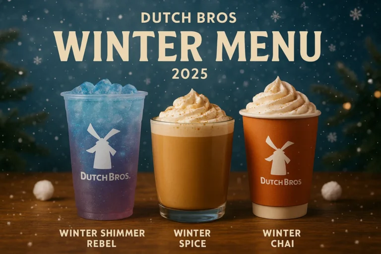 Variety of Dutch Bros Winter Menu 2025 drinks including Winter Shimmer Rebel, Winter Spice, and Winter Chai in a cozy, wintery setting with snowflakes and festive decor.