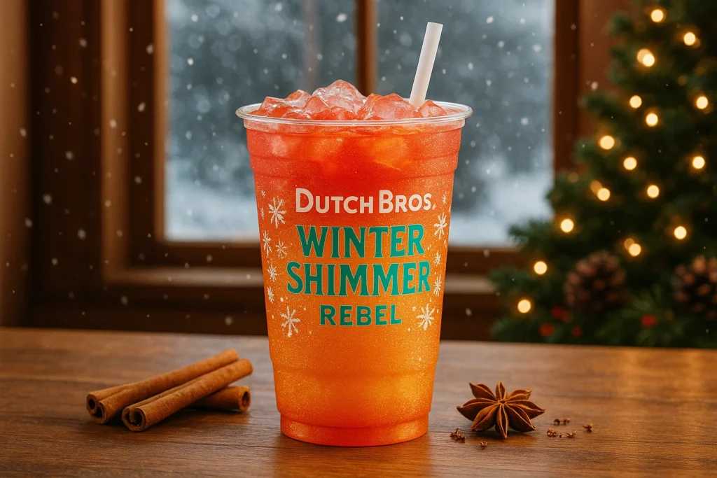 Dutch Bros Winter Shimmer Rebel drink in a cozy winter setting, featuring a warm festive beverage with vibrant seasonal colors, surrounded by holiday decorations, and gently falling snow in the background.
