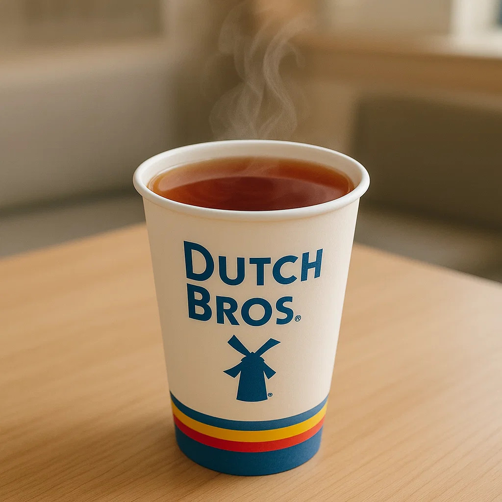 Dutch Bros branded paper cup with Earl Grey Hot Tea, showcasing the blue windmill logo, with steam rising in a modern café setting