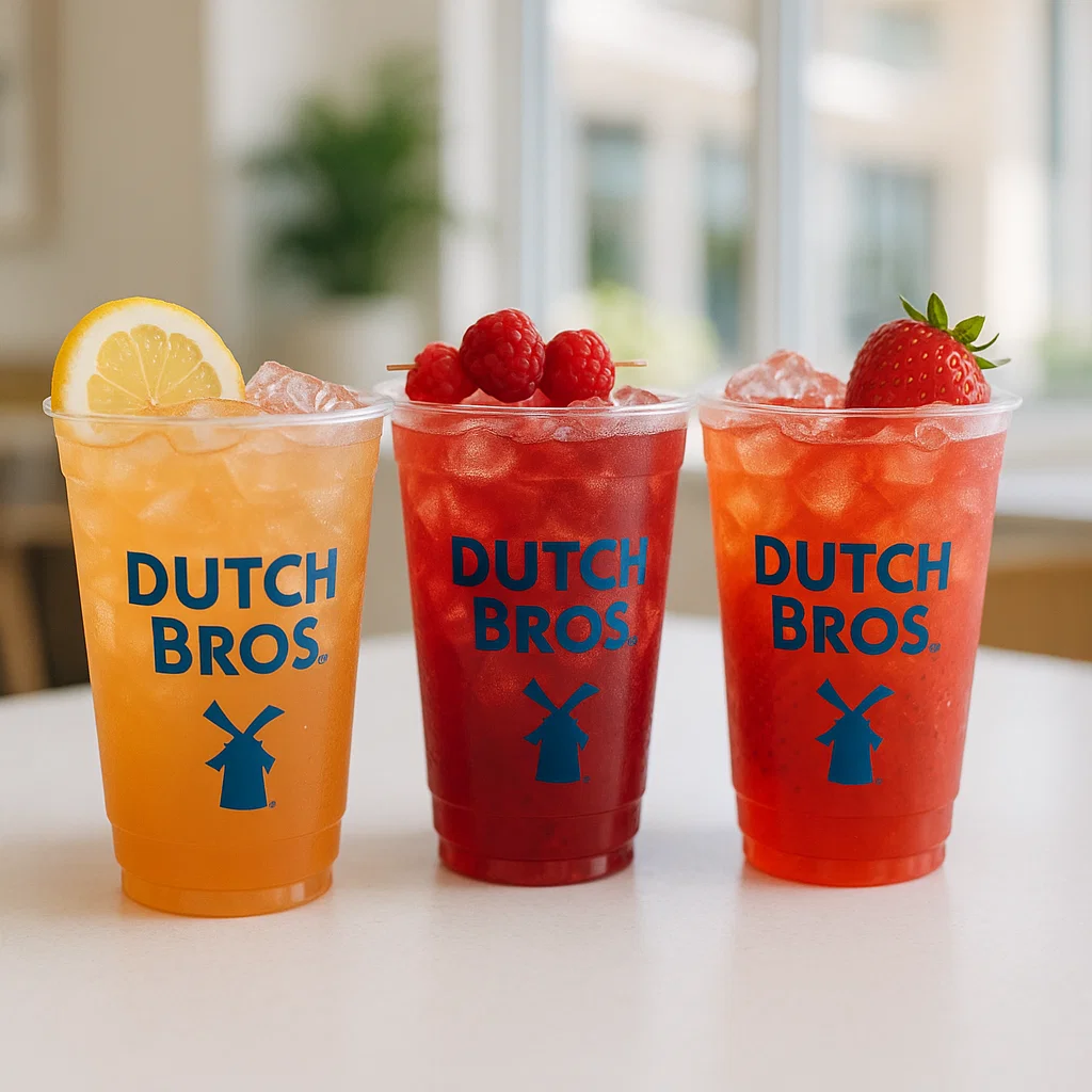 Branded Dutch Bros plastic cups filled with vibrant Fruity Iced Teas in flavors like peach, raspberry, and strawberry, served with fruit garnishes."