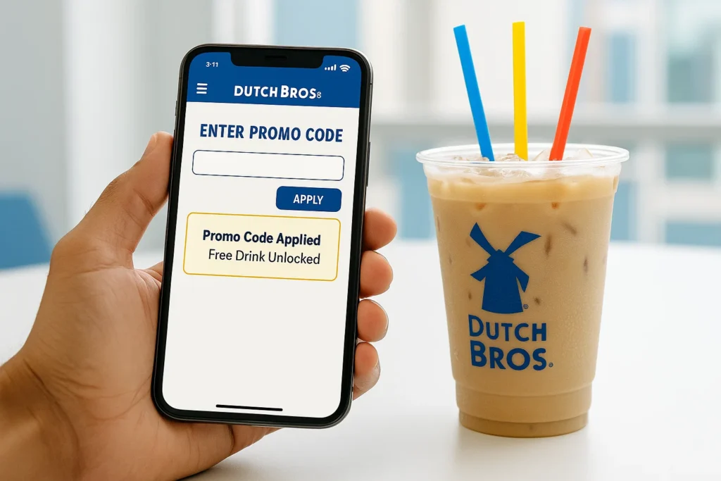 Customer entering a Dutch Bros promo code on mobile app to unlock free drink and rewards