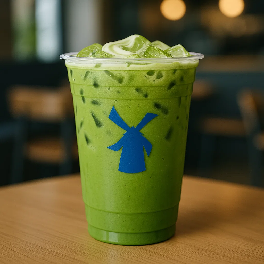 Branded Dutch Bros plastic cup filled with Iced Matcha Latte, showcasing vibrant green color and ice cubes in a modern café setting