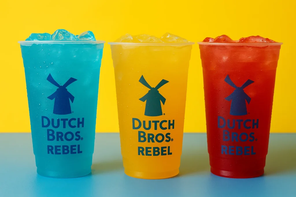 Three colorful Dutch Bros Rebel drinks Blue Rebel, Tropical Rebel, and Strawberry Rebel  served iced in clear cups.