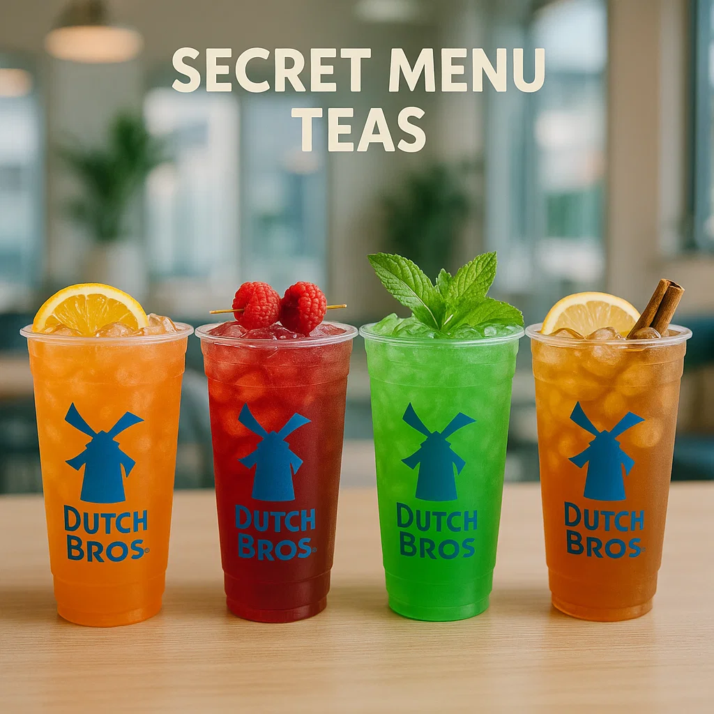 Exclusive Secret Menu Teas from Dutch Bros, served in branded plastic cups, showcasing vibrant colors and creative garnishes for a unique, off-the-menu experience.