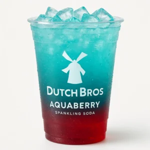 “Dutch Bros Aquaberry Sparkling Soda in a clear branded cup with aqua-blue and berry-red colors on a white background.