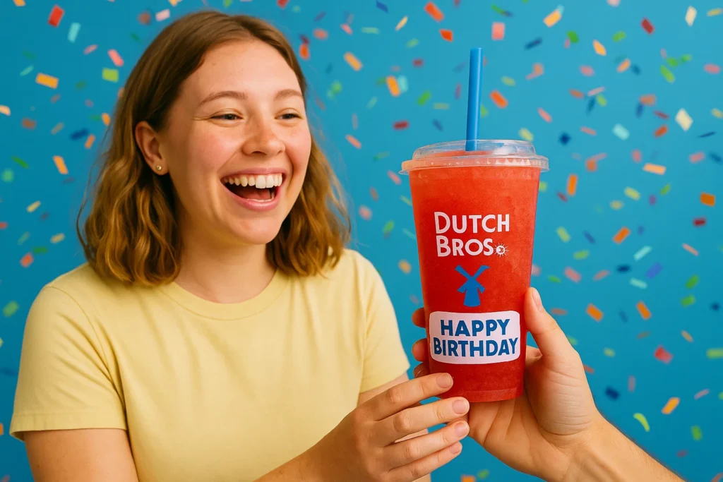 Celebrating Dutch Bros birthday rewards.