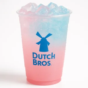 “Dutch Bros Bubblegum Soda in a clear branded cup with pink and blue colors on a white background.”
