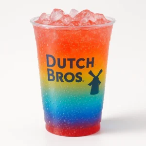 Dutch Bros Double Rainbro Sparkling Soda in a clear cup with rainbow-colored layers and ice on a white background.”