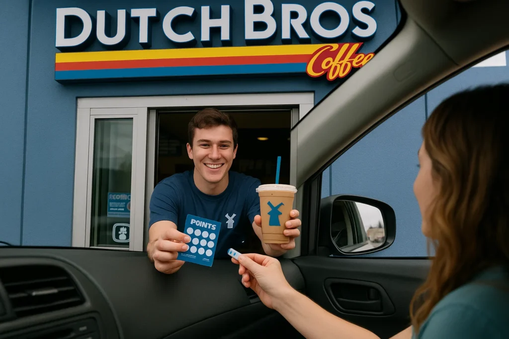 Dutch Bros employee giving a coffee and rewards card to a drive-thru customer.
