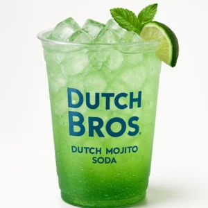 “Dutch Bros Dutch Mojito Soda in a clear branded cup with ice and green tones on a white background.”