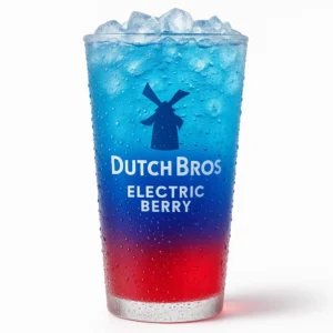 Dutch Bros Electric Berry sparkling soda with ice and bubbles on a white background.