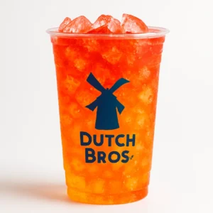 Dutch Bros Fire Lizard Soda in a clear branded cup with red and orange layers on a white background.