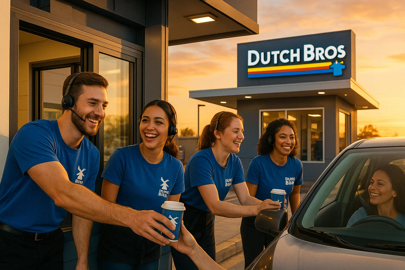 Dutch Bros baristas working at a drive-thru coffee stand during sunrise, serving customers and showcasing teamwork and positivity.”
