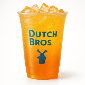 “Dutch Bros Passion Fruit Sparkling Soda in a clear branded cup with ice and golden-orange color on a white background.”