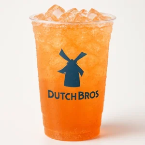 “Dutch Bros Peach Sparkling Soda in a clear branded cup with ice and peach-orange color on a white background.”