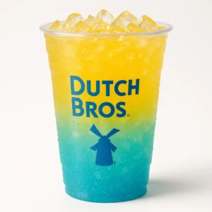 “Dutch Bros Tropical Sparkling Soda in a clear branded cup with ice and tropical colors on a white background.”